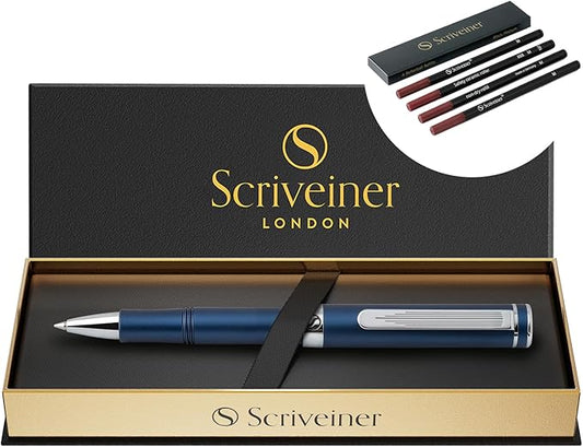 Scriveiner Blue Rollerball EDC Luxury Pen, Chrome Finish, 4 Black Refills (Medium)