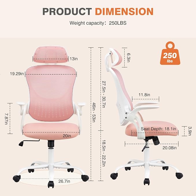 Sweetcrispy Home Office Managerial Executive Chair, High-Back Mesh with Adjustable Headrest, Flip-up Armrest Comfortable Lumbar Support, Comfy Arms for Bedroom,Study,Student