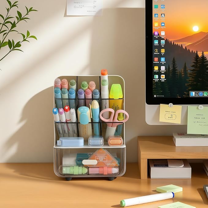 LETURE Desk Organizer with Vertical 6-Compartment & Drawer, Stationery & Makeup Storage, Pen Holder for Office, Home, Art Supplies, Desk Accessories for Desktop Dresser (White)
