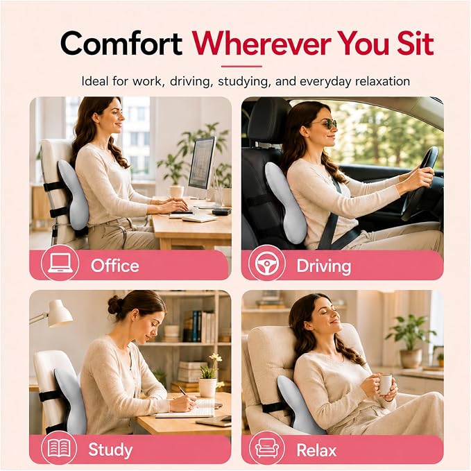 Memory Foam Lumbar Support Pillow,Back Support for Office Chair,Back Pillow for Chair,Ergonomic Lower Back Cushion for Desk Chair,Computer Chair,Gaming Chair and Car Seat,Washable Cover(Gray)