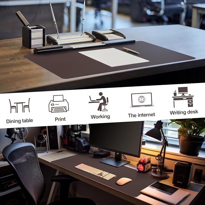 Tegeme Genuine Leather Desk Mat Large Desk Pad 35.4 x 15.7 Inch Non Slip Leather Table Protector with Stitched Edges and Rubber Base Brown Stylish Laptop Mat Smooth Writing for Workspace Home Office
