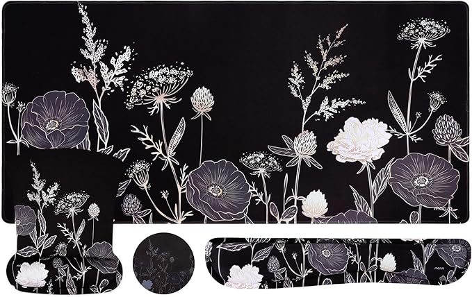 MOSISO Keyboard Mouse Pad Set, Large Gaming Mouse Pad&Keyboard Wrist Rest&Mouse Wrist Rest&Coaster, Ergonomic Non-Slip Retro Flower Floral Mousepad with Raised Memory Foam for Home Office, Black