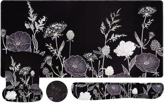 MOSISO Keyboard Mouse Pad Set, Large Gaming Mouse Pad&Keyboard Wrist Rest&Mouse Wrist Rest&Coaster, Ergonomic Non-Slip Retro Flower Floral Mousepad with Raised Memory Foam for Home Office, Black
