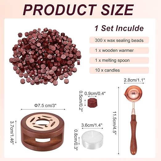 PATIKIL Wax Seal Kit, 300 Pcs Wax Sealing Beads, Wooden Warmer, Melted Spoon, 10 Pcs Tealight Candles for Envelope Letter Mailing Crafts DIY, New Wine Red