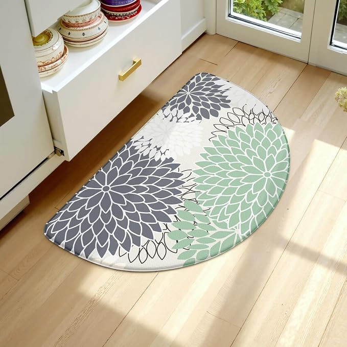 KIMODE Half Circle Kitchen Mats for Floor Cushioned Anti Fatigue Semi Round | Half Round,28"x18",Dahlia Boho,Cyan,Kitchen Rug Non Slip ,Waterproof Sink Floor Mat Carpet Decor for Laundry Bathroom