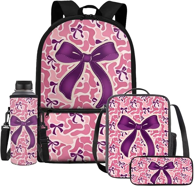 WELLFLYHOM Kids Pink Camo Bow Book Bags for Girls Ages 6-8 School Backpack | School Bookbag and Lunchbox Pencil Case Water Bottle Sleeve 4 Pcs Kids Backpack Set Gift for Back to School Season