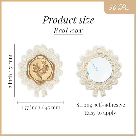 UNIQOOO Wax Seal Stickers with Lace Border- Vintage-Style Eucalyptus Botanical Wedding Invitation Envelope Seals, 50Pcs Self-Adhesive Light Gold Wax Stickers, Perfect for Invitations & Gift Wrapping
