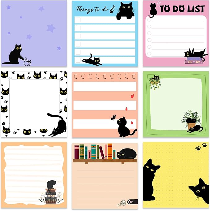 9 Pads Cute Sticky Notes Cartoon Self Stick Notepads 3x3 Inches Notes Adhesive Memo Pad Office Decor Gifts for Students School Teacher Office Meeting(Black Cat)