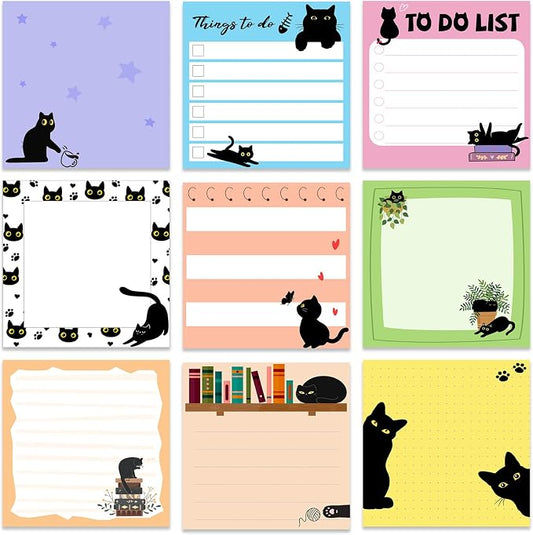 9 Pads Cute Sticky Notes Cartoon Self Stick Notepads 3x3 Inches Notes Adhesive Memo Pad Office Decor Gifts for Students School Teacher Office Meeting(Black Cat)