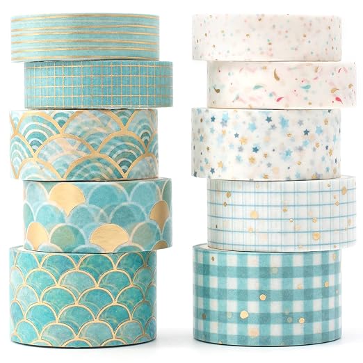 Creative Washi Tape Set 10 Rolls Gold Foil Print Decorative Masking Tapes for Arts, DIY Crafts, Journals, Planners, Scrapbook, Wrapping (Blue Melody)