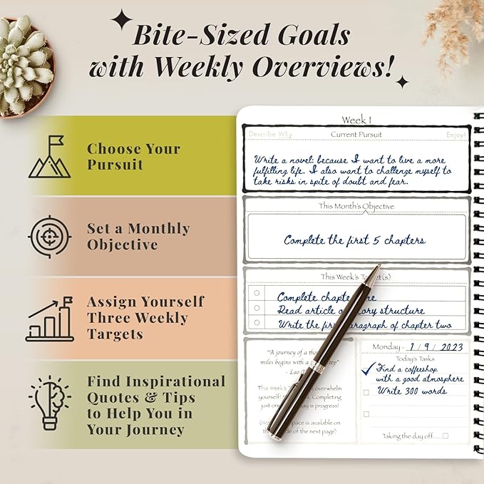 Pursuit Goal Journal - 6 Month Undated Productivity Planner for Goal Setting - Daily Planner, Weekly Planner, Monthly Planner, Notebook, 6x8.5inch (Purple)