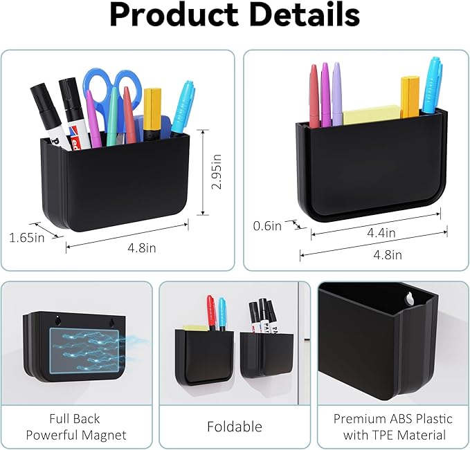 Magnetic Foldable Pen Holder, Magnetic Dry Erase Marker Pencil Holder, Strong Magnet Remote Holder Storage Organizer for Office, Whiteboard, Locker, Home Refrigerator, Desk Accessories(1 Pack Black)