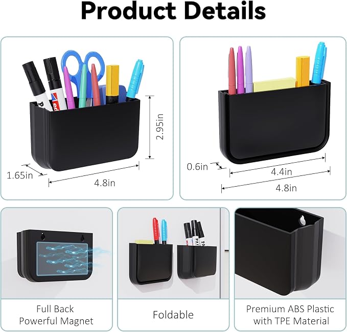 Magnetic Foldable Pen Holder, Magnetic Dry Erase Marker Pencil Holder, Strong Magnet Remote Holder Storage Organizer for Office, Whiteboard, Locker, Home Refrigerator, Desk Accessories(1 Pack Black)