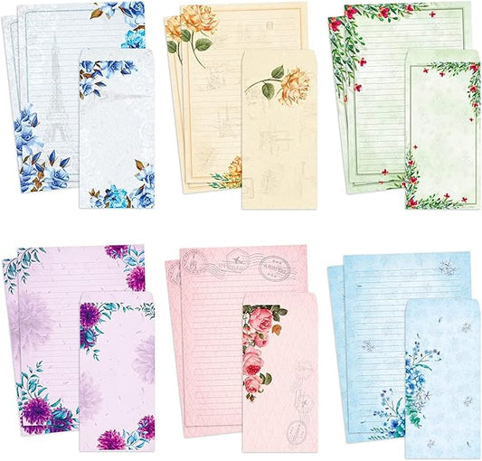 Paper Master Stationary Paper and Envelopes Set - Japanese Stationery Set with Lines Vintage Floral Letter Paper - 48 Sheets + 24 Envelopes, 7 x 10 Inch of Each Stationary Paper