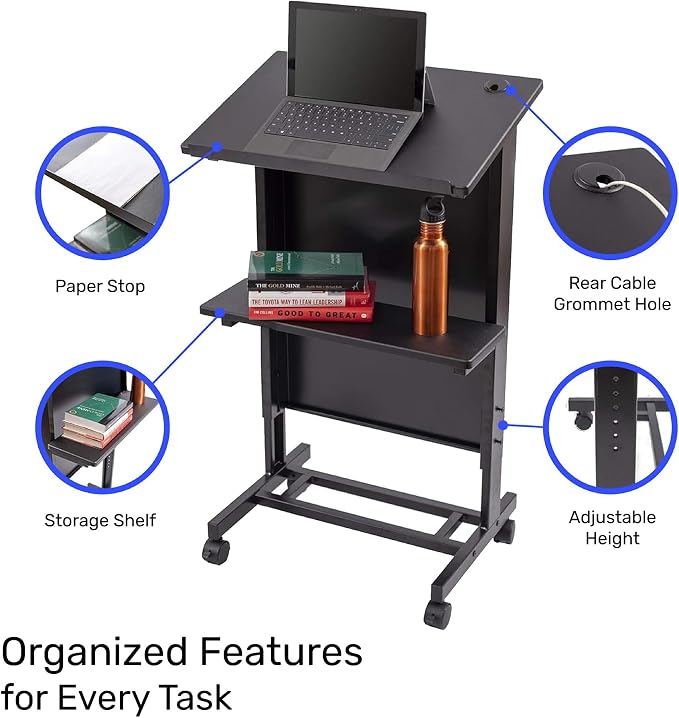 Stand Up Desk Store Mobile Adjustable Height Rolling Lectern Podium with Heavy Duty Steel Frame (Black Frame/Black Shelves, 25.5" Wide)