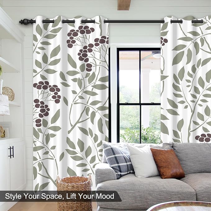 Blackout Curtains for Bedroom and Living Room, Farmhouse Thermal Insulated Room Darkening Drapes Soundproof Privacy Bedroom Curtains 2 Panel Sets, Leaves Print Black Out Curtains 84 Inch Long