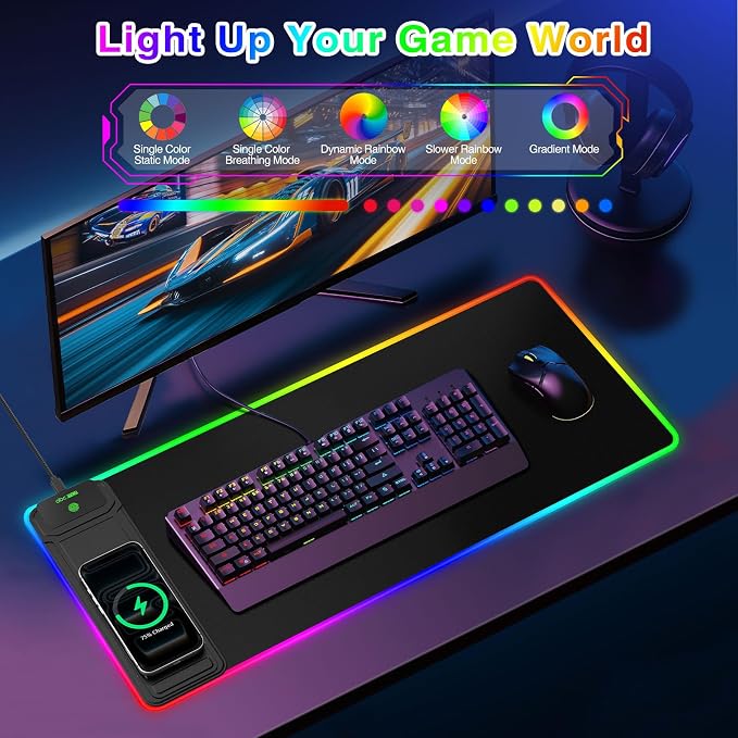 RGB Gaming Mouse Pad with Magnetic Wireless Charging & Foldable Phone Stand | 31.5"x11.8" XL Extended Mousepad with Stitched Edges, Ultra-Smooth Waterproof Surface, 25 Lighting Effects, Non-Slip Base