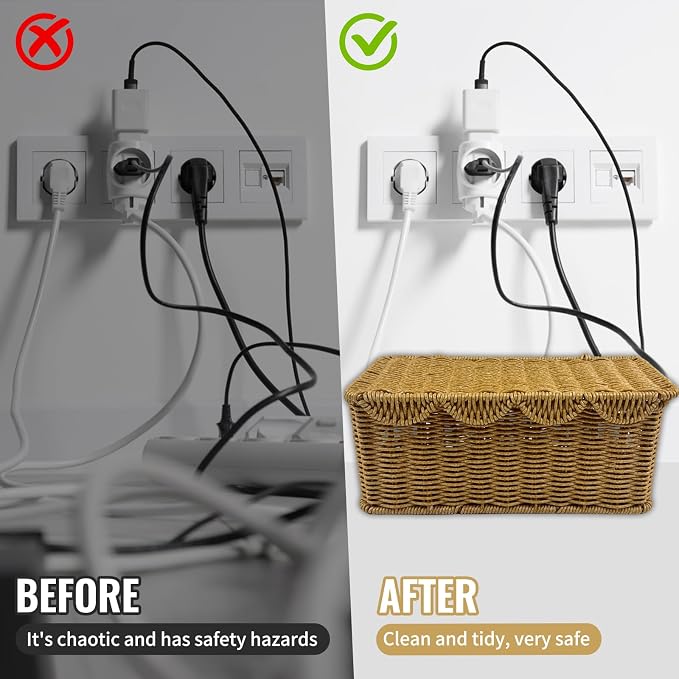 2 Pack Scalloped Edge Cable Management Box Handmade, Plastic Rattan Cable Organizer Box to Hide Wires, Under Desk Cord Organizer for Home TV Wires Computer Router USB Hub Strips (2 Open Slots)