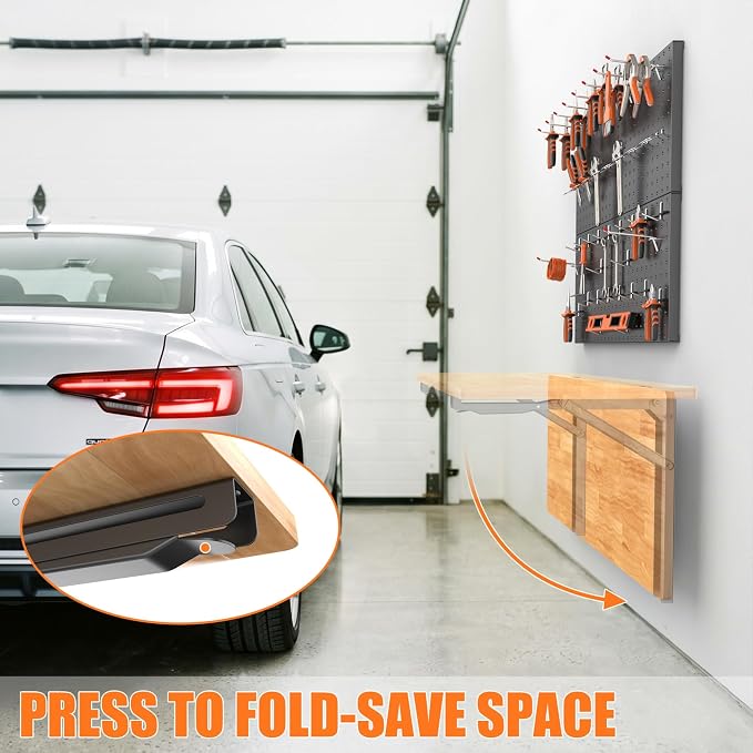 TORACK Wall Folding Workbench with Pegboard Kit, Space-Saving Collapsible Wall Table/Desk for Garage Workshop, Holds Up to 550 lbs(Board Size: 47.25 x 22.75 in)