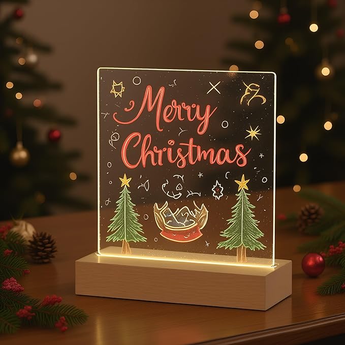5.9 x 5.9 Inch Warm LED Message Memo Note Board with Colors, Clear Acrylic Desktop Light Up Dry Erase Drawing Writing Board with Stand