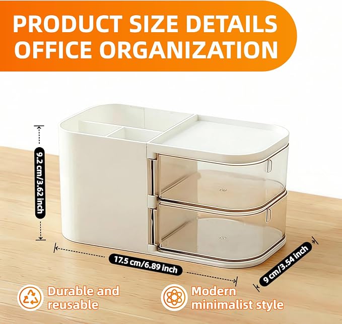Desk Organizer with 3 Compartments and 2 Drawers, Multi-Functional Pencil Holder for Desk Organizers and Accessories for School, Home, Office Supplies, ‎6.89" x3.54" x 3.62''