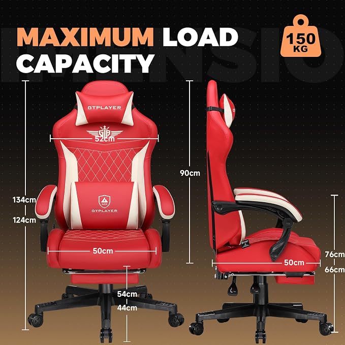 GTPLAYER Gaming Chair with Footrest, Ergonomic Office Chair 400lbs Heavy Duty, Big and Tall Computer Desk Chair with Lumbar Support and Headrest, Faux Leather 90-155° Recline Red