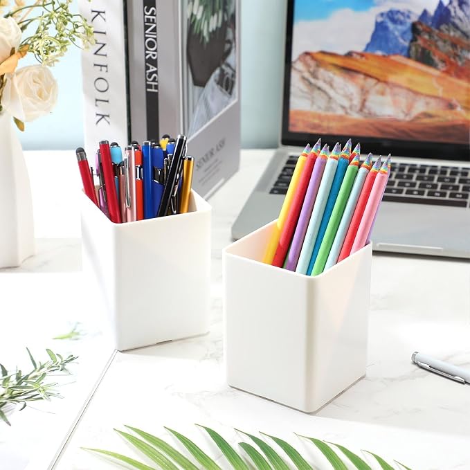 8 Pcs White Acrylic Pen Holder for Desk, Pencil Cup Bulk Makeup Brush Storage Organizer, Desktop Pencil Cup Stationery Desktop Stationery Organizer for Office School Home Supplies