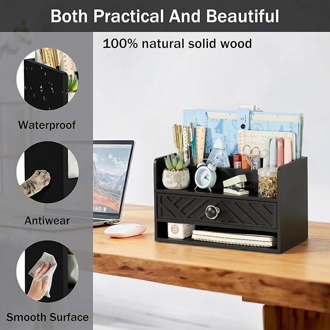 dreampossible Black Wood Desk Organizer and Accessories with Drawer, Bill Mail Organizer and File Mail Holder for Office Supplies, Desk Accessories & Workspace Organizers for Desk Organization