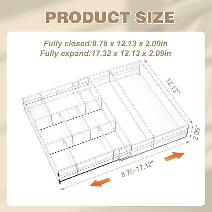 Briwooody Clear Acrylic Drawer Organizer Expandable,9 Compartments,Small | 9'' up to 18'' x 12'' x 2.1'' Desk Drawer Organizer Trays Adjustable with Desk Accessories for Makeup Office Bathroom