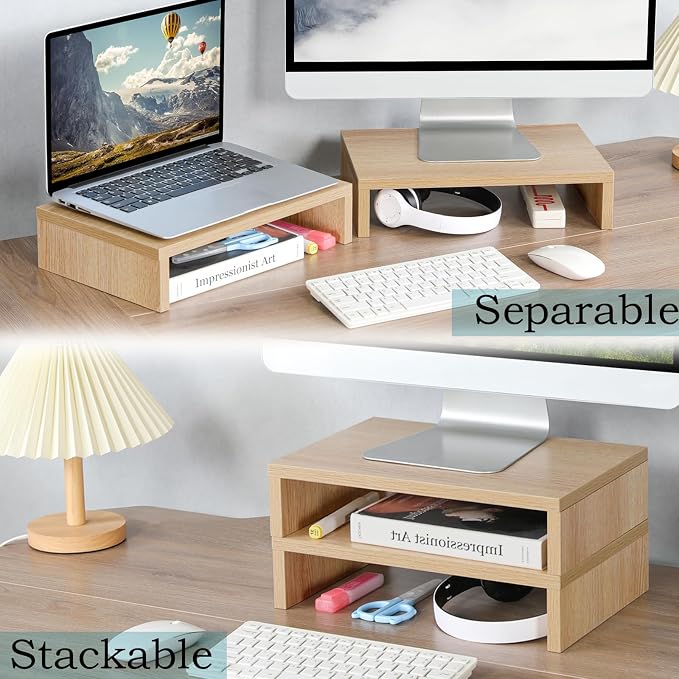 TEAMIX Wood Monitor Stand Riser-2 Packs, Maple | Holds 80Lbs, Stacked/Separate Adjustable Use, 2 Tier Adjustable, Fits laptop, TV, PC. For Home Office, Gaming
