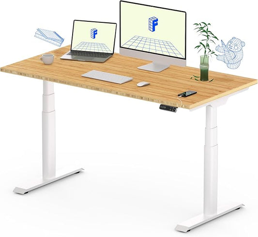 FLEXISPOT E6 Pro Oval Leg Dual Motor 3 Stages Bamboo Whole-Piece Electric Standing Desk 48x24 Inch Board Height Adjustable Electric Sit Stand Up Desk (White Frame + Bamboo Whole-Piece Desktop)