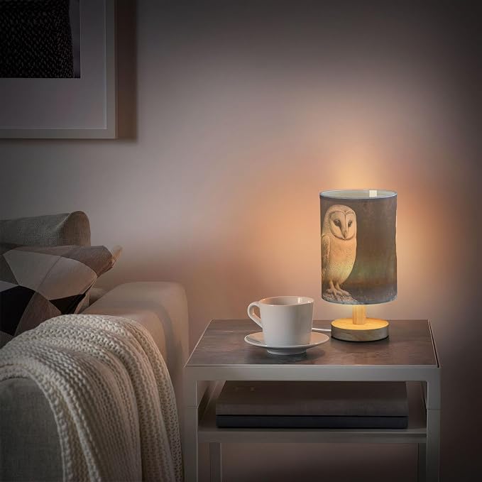 Table Lamp Owl Night Sky Nightstand Lamp with Wood Base Fabric Lamp Shade Bedside Desk Lamp for Living Room Bedroom Kids Room Office