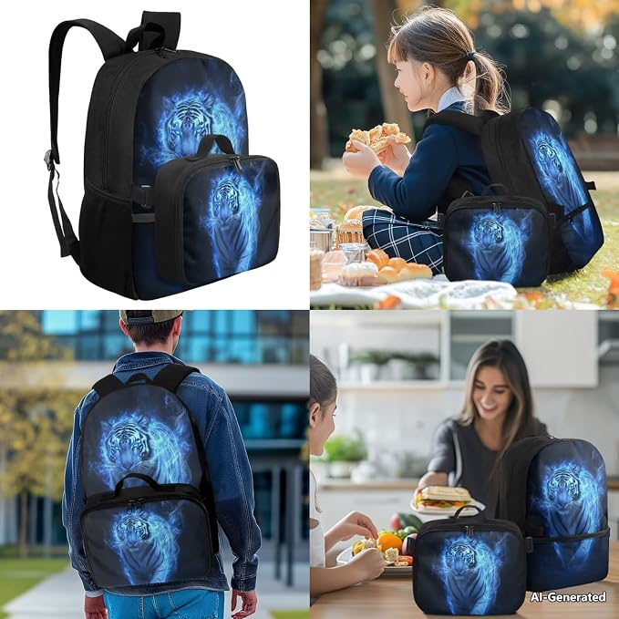 Doojoayie Tiger Backpack with Matching Lunch Box for Boys Fashion Lightweight Bookbag Boy Backpacks Ages 8-10 with Top Handles for Back to School