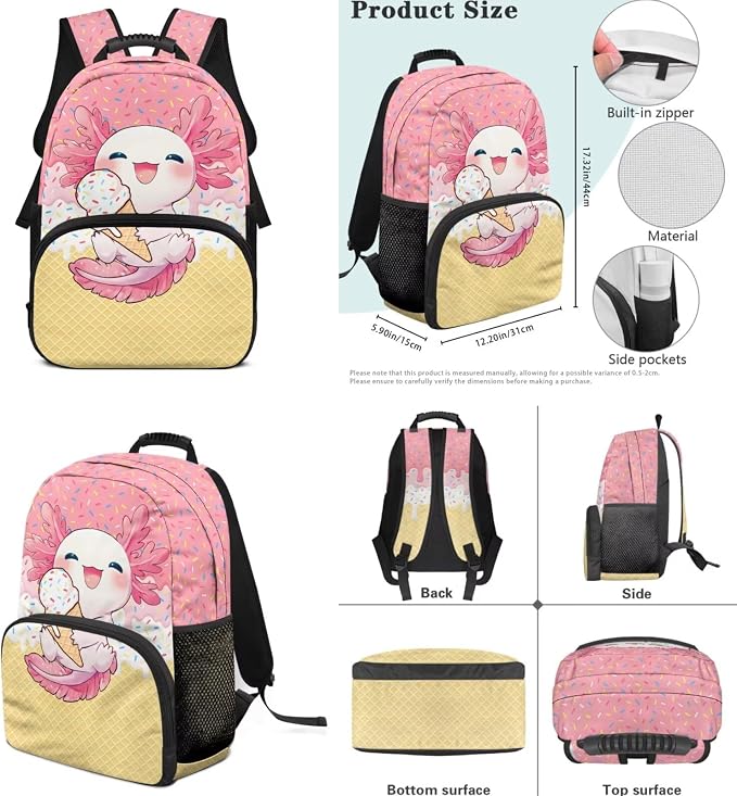 ZFRXIGN Ice Cream Axolotl Kids Backpack for Girls Bookbag with Cute Pendant 17inch Elementary School Bag and Insulated Lunch Box Portable Pencil Case Pink