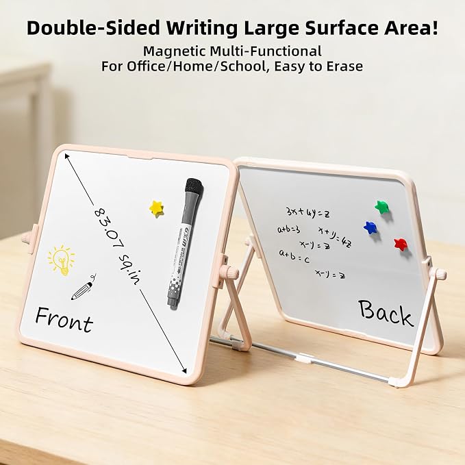 Colorful Dry Erase White Board 9.7x9.7in, Magnetic Desktop Board with Stand, 2 Markers (Eraser Head), 4 Magnets - Double-Sided Easel for Daily Planning, Memo, Office/Home/School (Pink)