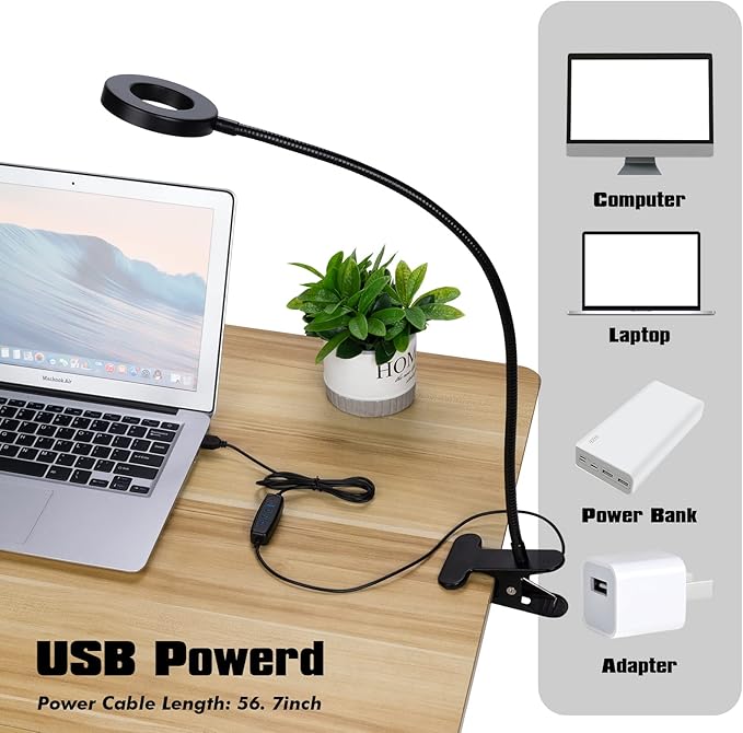 LED Desk Lamp with Clamp for Video Conference Lighting, USB Light for Laptop Zoom Meeting, Clip on LED Ring Light for Computer Webcam Lighting Dimmable Black