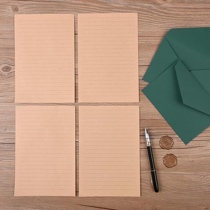 48 Pieces Stationery Set with Envelopes (24 Kraft Paper Sheets + 12 Linen Texture Envelopes+12 Wax Seal Stickers), Stationery Letter Writing Paper Set for Love Letters and Party Invitations(Green)