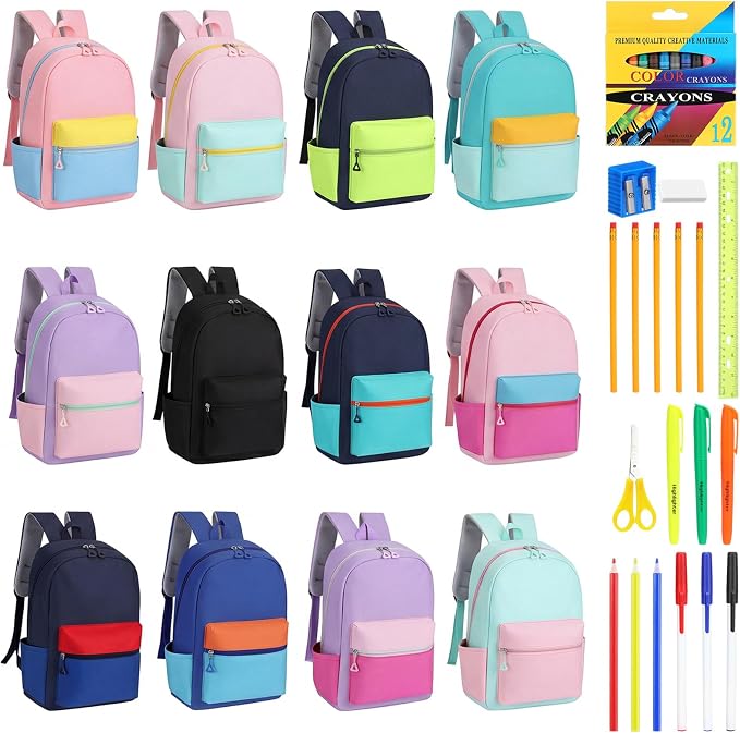 17'' Backpacks Bulk with Supplies Stationery Kits, Printed Bookbags and Writing Accessories Kit for Donation(Color Block,12 Pack)