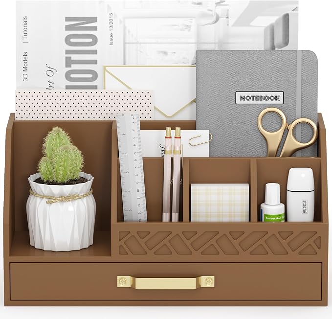 Wisuce Bamboo Mail Organizer Countertop with Drawers, Wooden Desk Organizer File Bill Sorter Storage Box for Desktop Letter Envelope Countertop Holder for Office Home School Organization