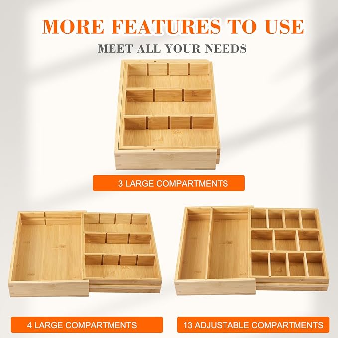 Bamboo Sliding Desk Drawer Organizer 9'' up to 17.9'' x 12'' x 2.2'' Expandable Office Desk Accessories Supplies Tray with 11 Compartments for Pens, Notebooks, Rulers, and Makeup Jewelry Vanity