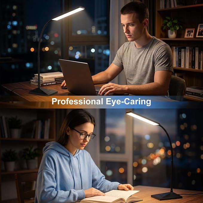 LED Desk Lamp, 7W 390LM Eye-Caring Desk Light with 5 Color Modes & Stepless Dimming, 360° Flexible Gooseneck Touch Control Table Lamp for Bedroom Bedside Study Black