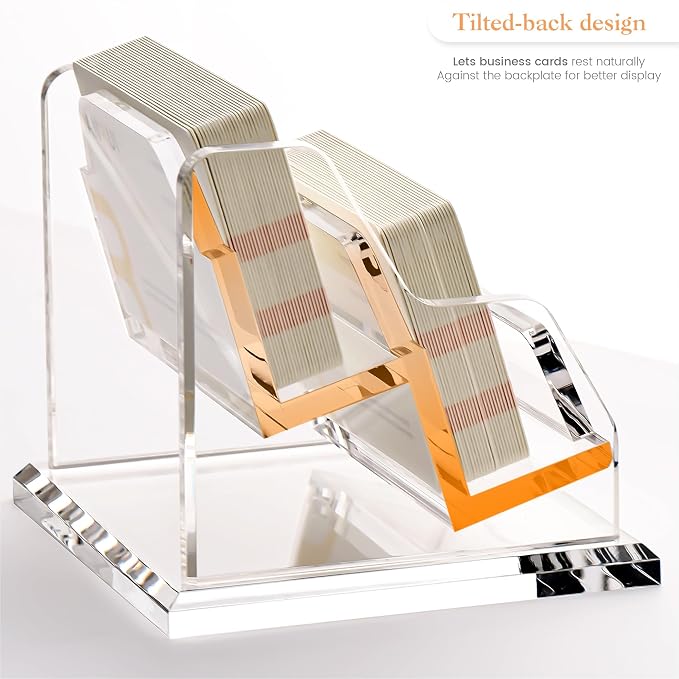 YUXUN Business Card Holder for Desk, Acrylic Business Card Display Stand with 2 Slot, Office Desk Accessories for Man &Woman,100 Cards Capcity, Clear