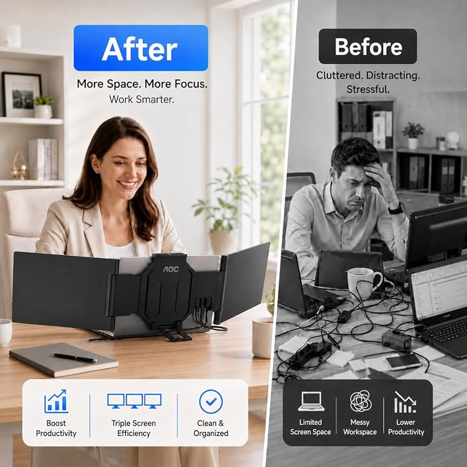 AOC 14" Laptop Screen Extender, Triple Portable Monitor for 13”-17.3" Laptops, 1080P FHD IPS Display, HDMI/USB-C Cable Plug-Play Laptop Monitor Extender for Mac/Windows (Black)
