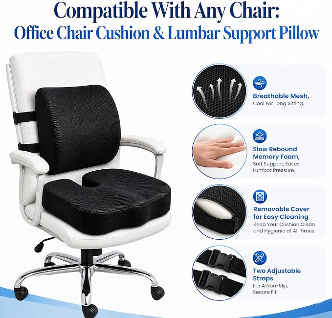 Ergonomic Seat Cushion & Lumbar Support Pillow for Office Chair | Memory Foam Seat Cushions for Tailbone Pain Relief, Sciatica & Lower Back Support for Desk Chair Car Home, Washable, Non Slip