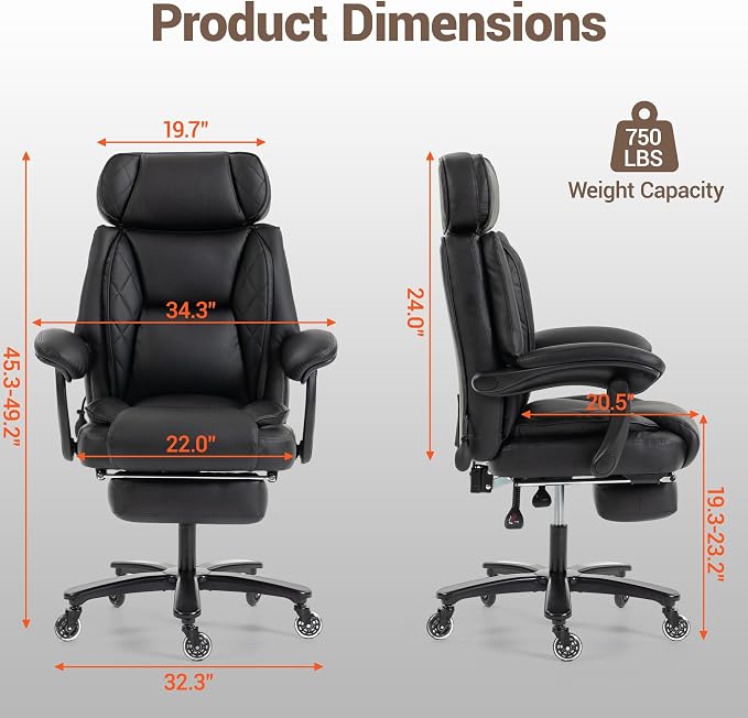 750 LBS Big and Tall Executive Home Office Chair w/Footrest, Black | PU leather, Built for Heavy People, Lumbar Airbag, High Back, Wide Seat, Reclining 90°-155°, Home Office Gaming Room