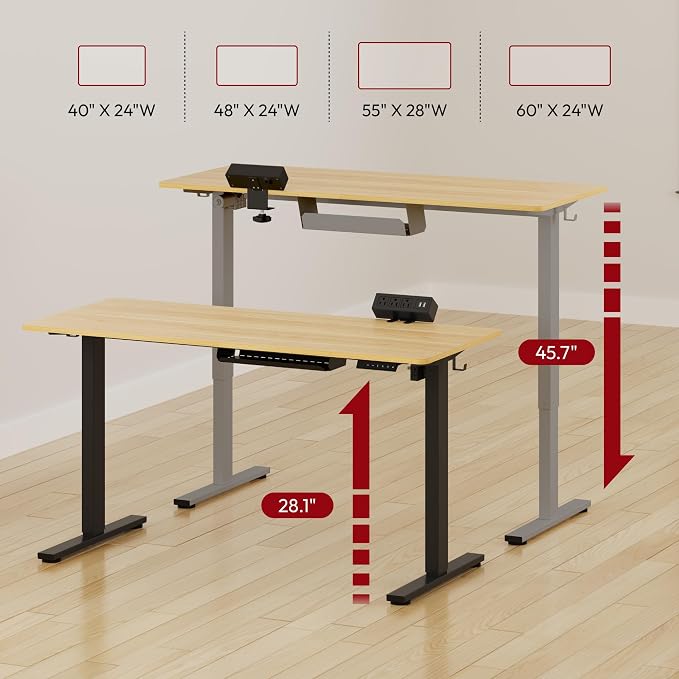 SANODESK Electric Standing Desk with Clamp Power Strip 48"x 24" Whole-Piece Desktop Height Adjustable Stand Up Desk with Cable Management Sit Stand Home Office Silver Frame/Maple Top