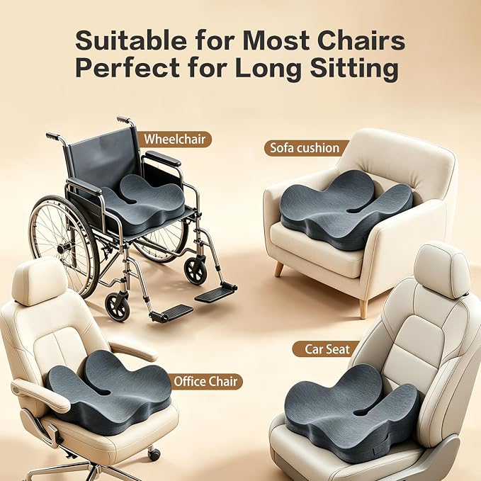 Memory Foam Seat Cushion for Sciatica & Tailbone Pain Relief – Comfort Support for Office Chair, Car Seat, Airplane, Long Sitting Workers & Drivers (Black)