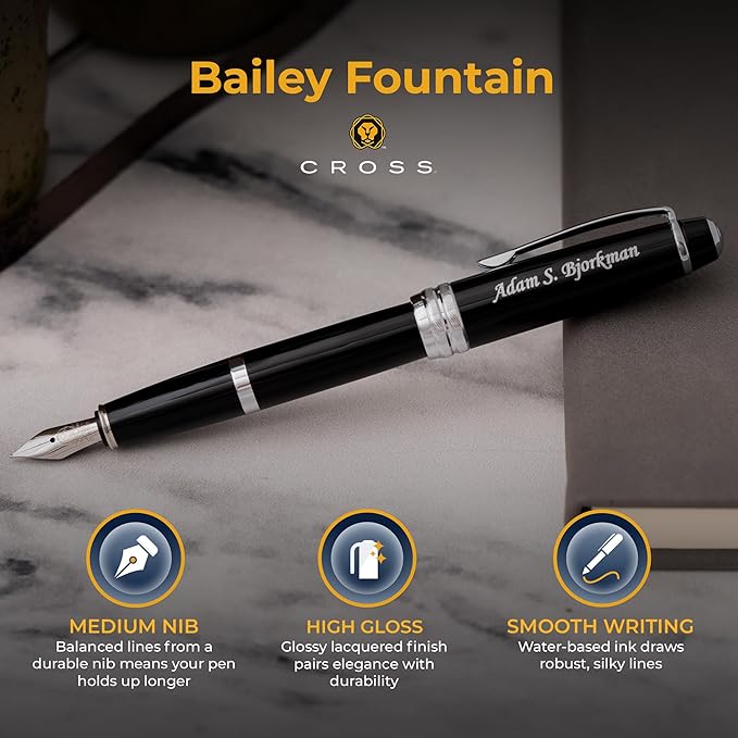 Personalized Cross Fountain Pen | Engraved Cross Bailey Black Lacquer Fountain Pen with Silver Trim. Stately Professional Custom Business Gift.