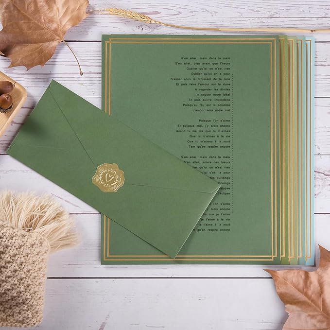 50 Pack Colored Stationery Set, 5 Colors #10 Business Envelopes, 50 Sheets 8.5x11 Paper Sheet and Gold Stickers for Office, Letters, Invitations (Sage-Green)