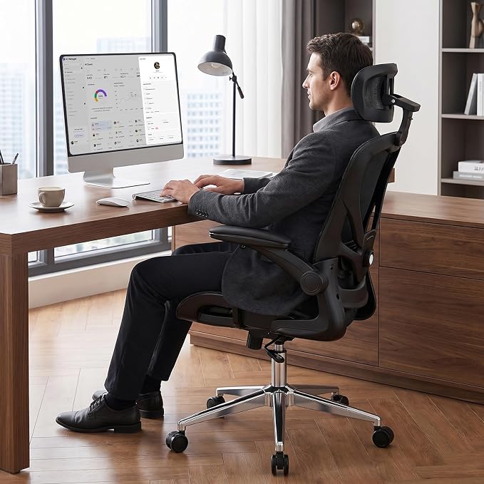 naspaluro Home Office Chair with Flip-up Armrests Adjustable Headrest Lumbar Support, Mesh Desk Chair 90-120°Rocking Chairs for Home Office, Study, Work & Gaming, Black